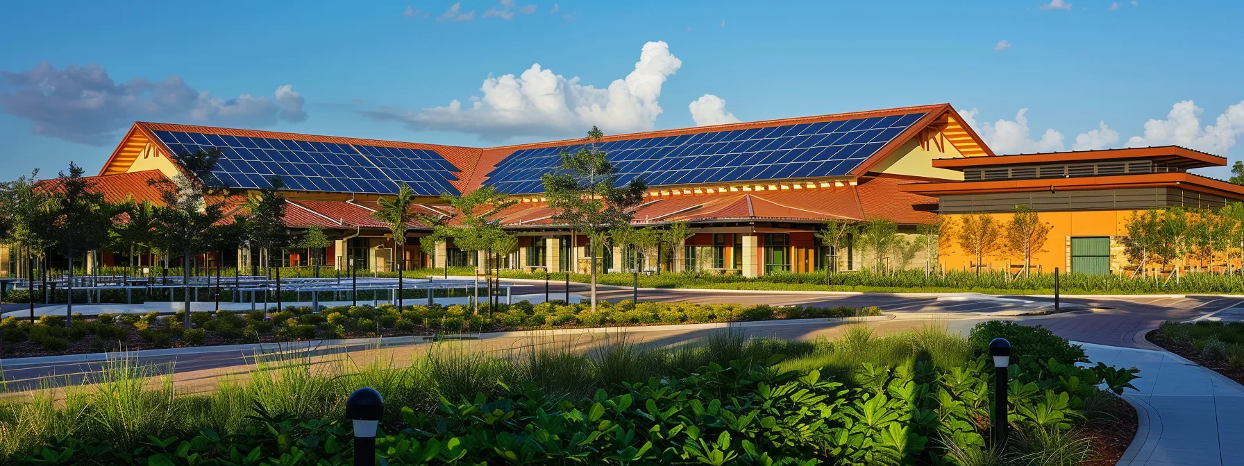 a vibrant community center at babcock ranch bathed in golden sunlight, surrounded by solar panels and lush greenery, symbolizing a harmonious blend of sustainability and innovation.