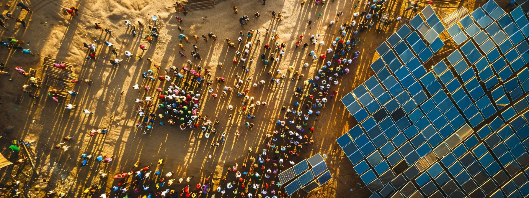 a vibrant, sun-soaked community gathering around a large solar panel field, symbolizing empowerment through renewable energy.