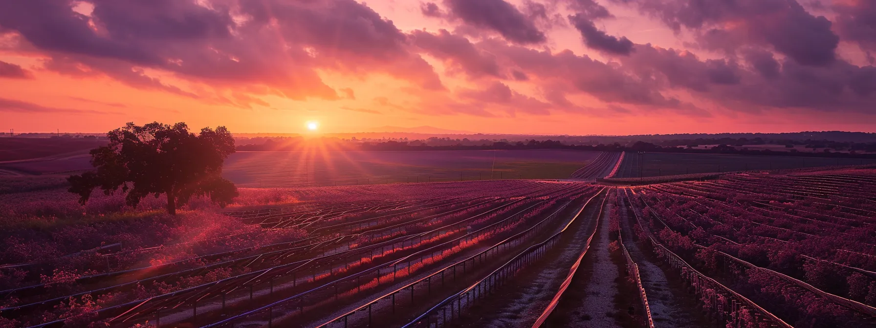 a vibrant sunset over babcock ranch, showcasing rows of solar panels gleaming in the fading light, symbolizing the town's commitment to sustainable growth.