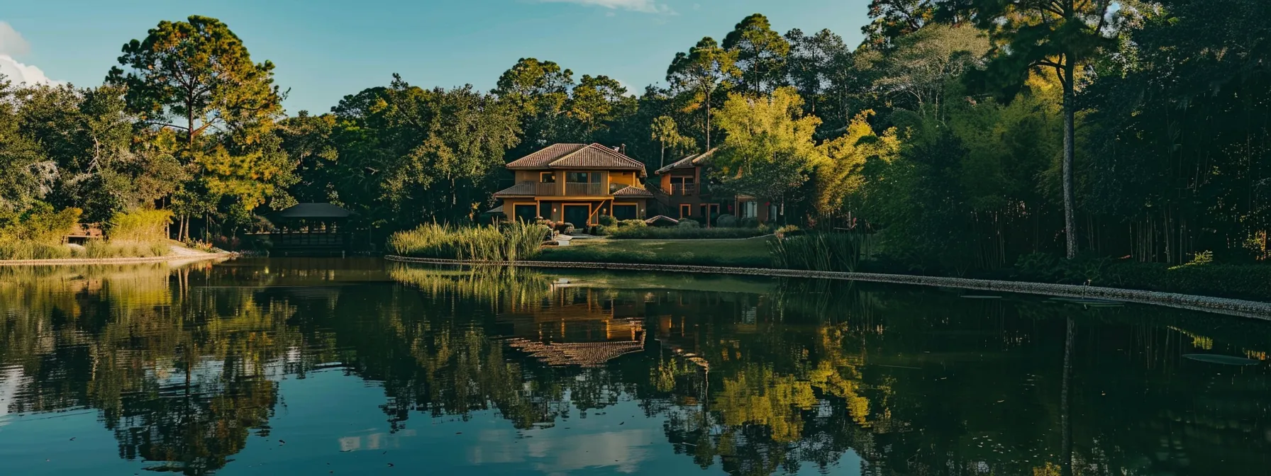 a serene lake reflecting sustainable homes surrounded by lush greenery at babcock ranch, embodying eco-friendly living.