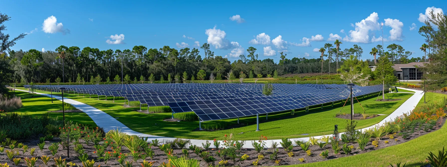 a modern solar panel array seamlessly integrated into a lush green landscape of babcock ranch, symbolizing sustainable living and environmental harmony.