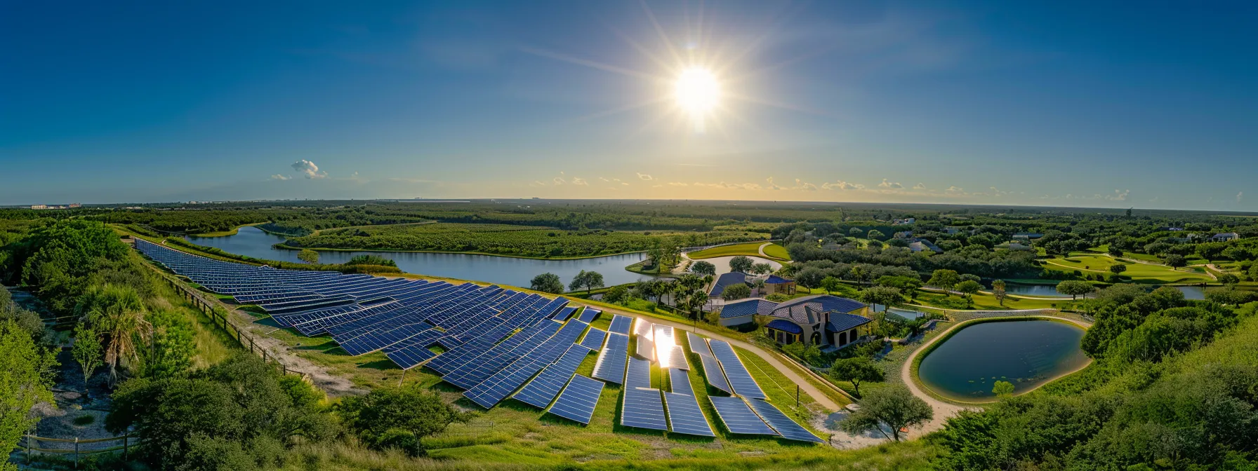 a sprawling landscape of babcock ranch, where gleaming solar panels adorn rooftops under the bright florida sun.