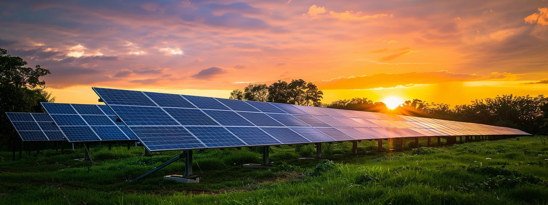 a vibrant sunset illuminating rows of solar panels at babcock ranch, showcasing a sustainable and bright future.