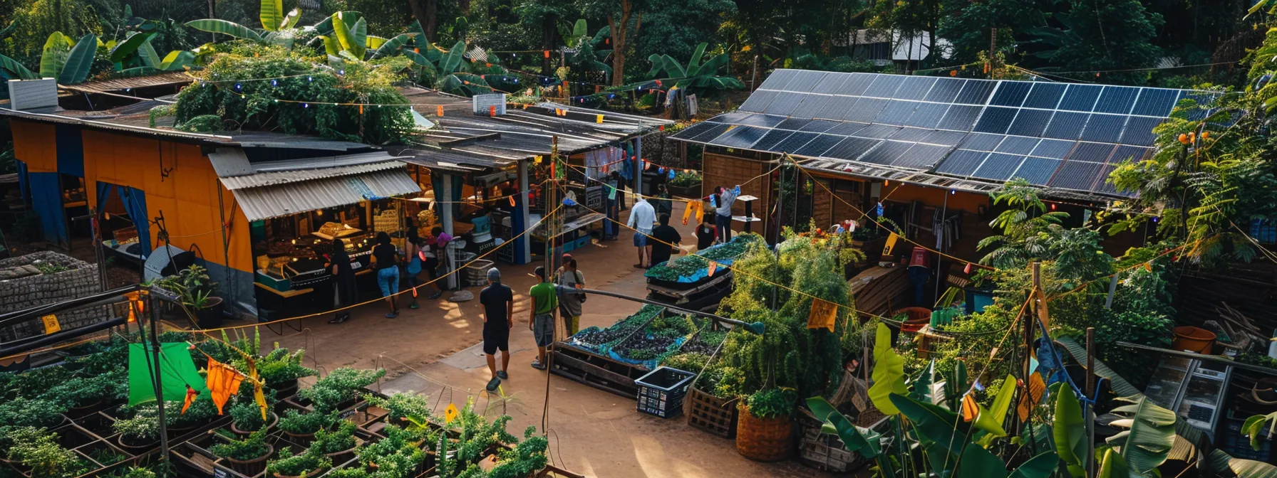 a bustling community workshop surrounded by vibrant greenery and solar panels, where residents collaborate on sustainable practices and embrace eco-friendly living.