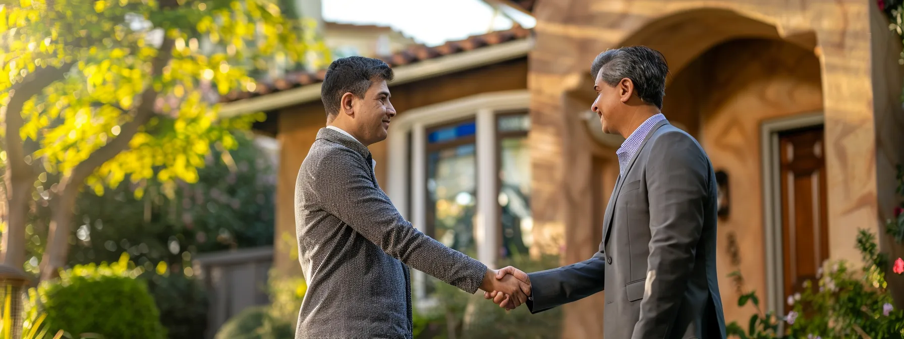 a confident buyer and seller shaking hands in agreement over a real estate deal.