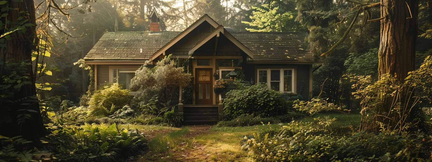 a cozy bungalow style house nestled among tall, lush trees with a tranquil, serene setting.