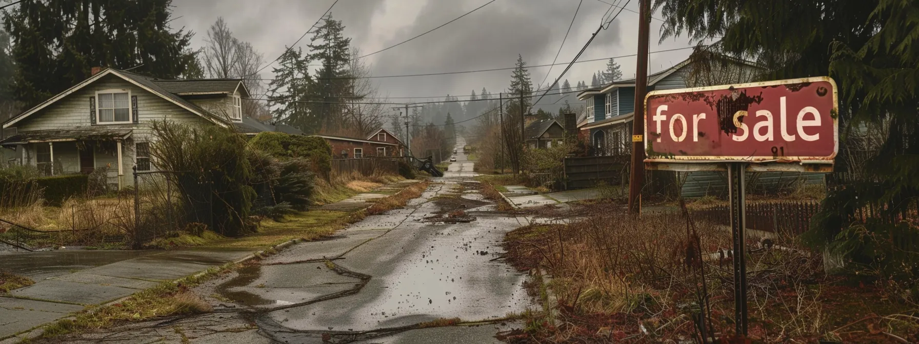 a deserted, eerie neighborhood with "for sale" signs scattered along the abandoned streets, hinting at a bleak future for housing prices in 2025.