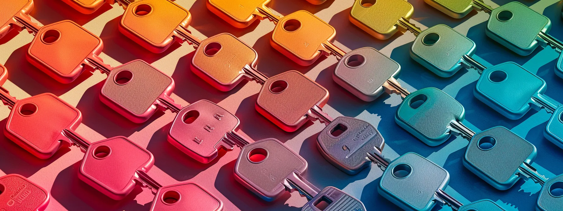 a diverse array of colorful house keys symbolizing different mortgage options for a $100k salary.