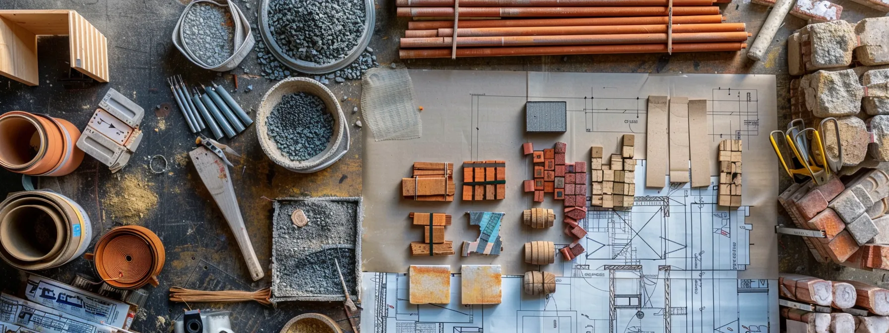 a diverse array of construction materials, from bricks to timber and metal beams, scattered across a blueprint-covered table, reflecting the multifaceted factors influencing building costs.