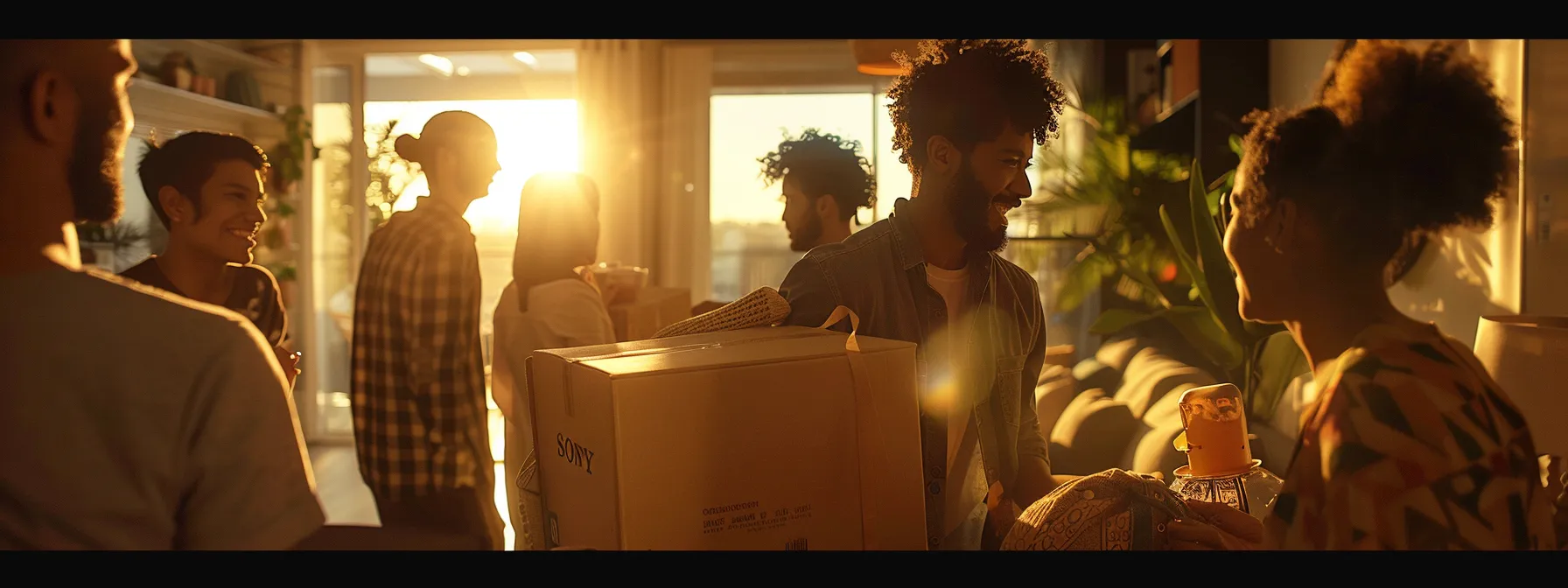 a diverse group of individuals happily unpacking boxes in a cozy, modern apartment rented through a second-chance leasing program, showcasing their successful exploration of alternative rental options despite bad credit.