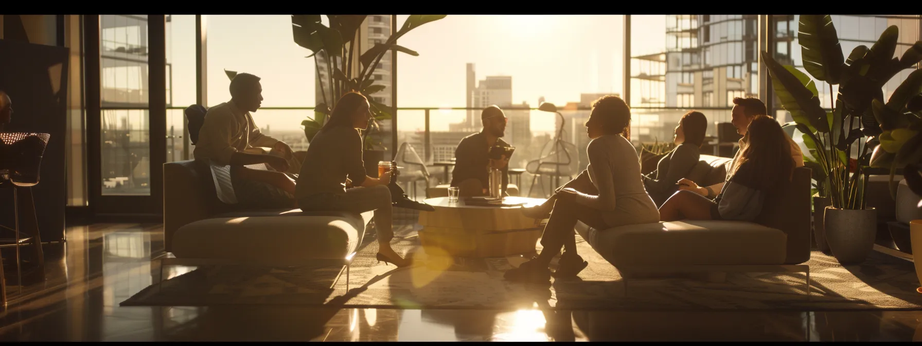 a diverse group of individuals discussing lease terms at a modern, welcoming apartment leasing office.