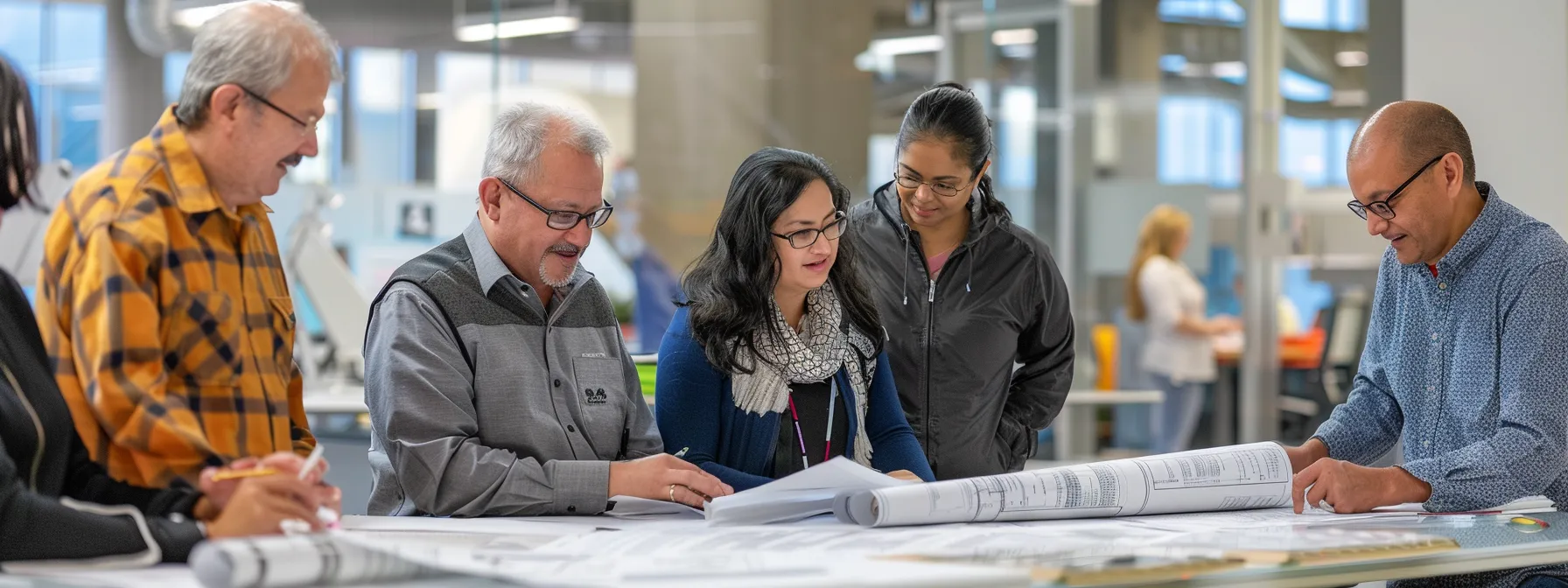 a diverse group of people studying blueprints, market reports, and financial documents in a bright, modern office setting.