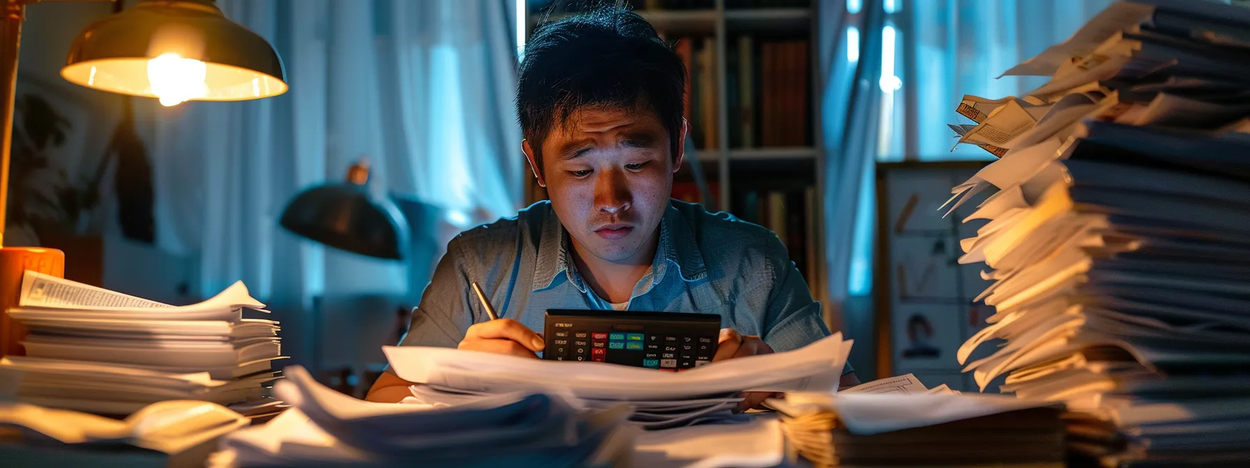 a family member reviewing legal documents and financial statements in a dimly lit room, surrounded by stacks of paperwork and a calculator, with a look of concern on their face.