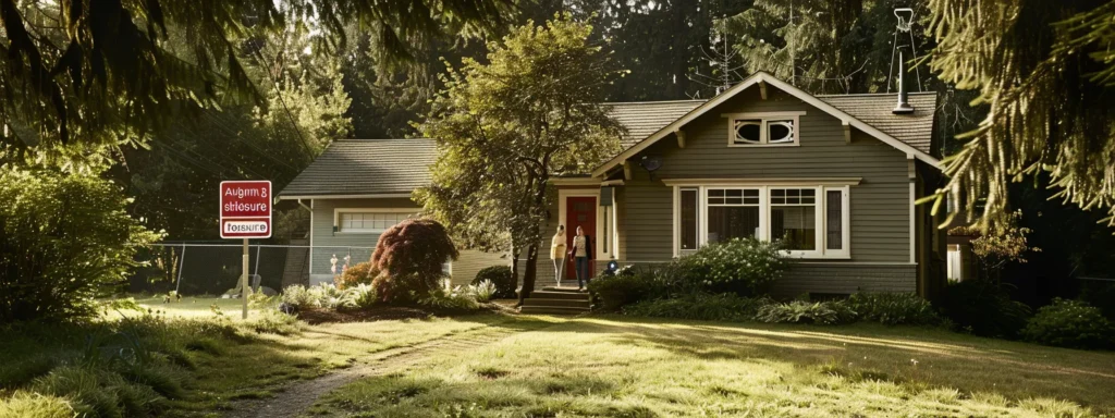 a family standing outside a charming, yet empty house with a "foreclosure" sign prominently displayed in the front yard.