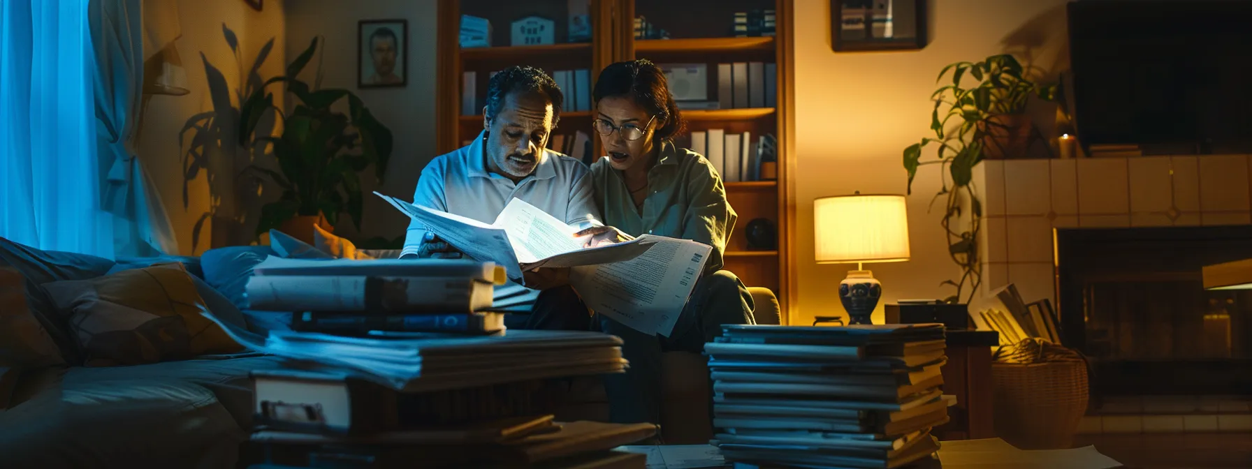 a homeowner and a real estate agent reviewing a home inspection report in a dimly lit living room filled with stacks of paperwork.