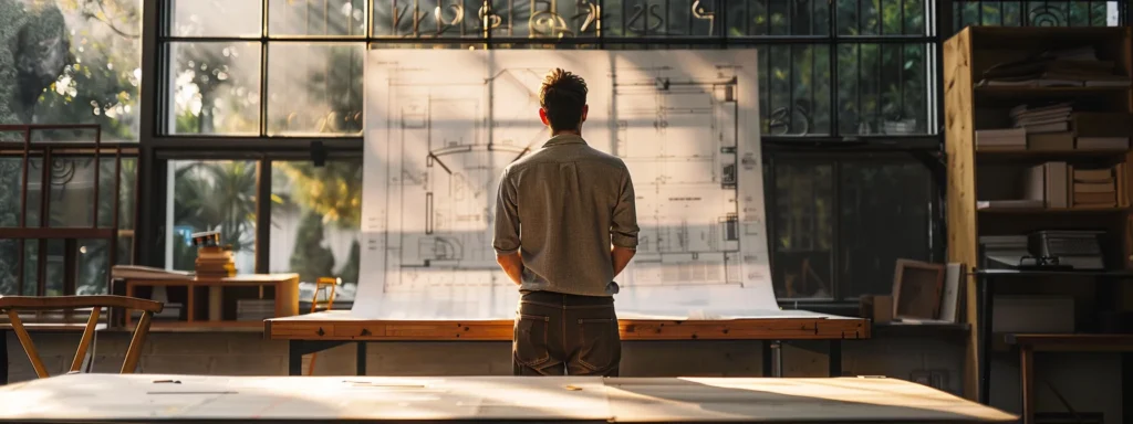 a man standing in front of a large blueprint, carefully calculating the cost to build a house.