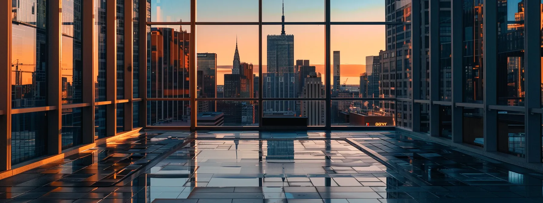 a modern apartment building lobby with a sleek, high-tech fitness center and a sparkling rooftop pool overlooking the city skyline.