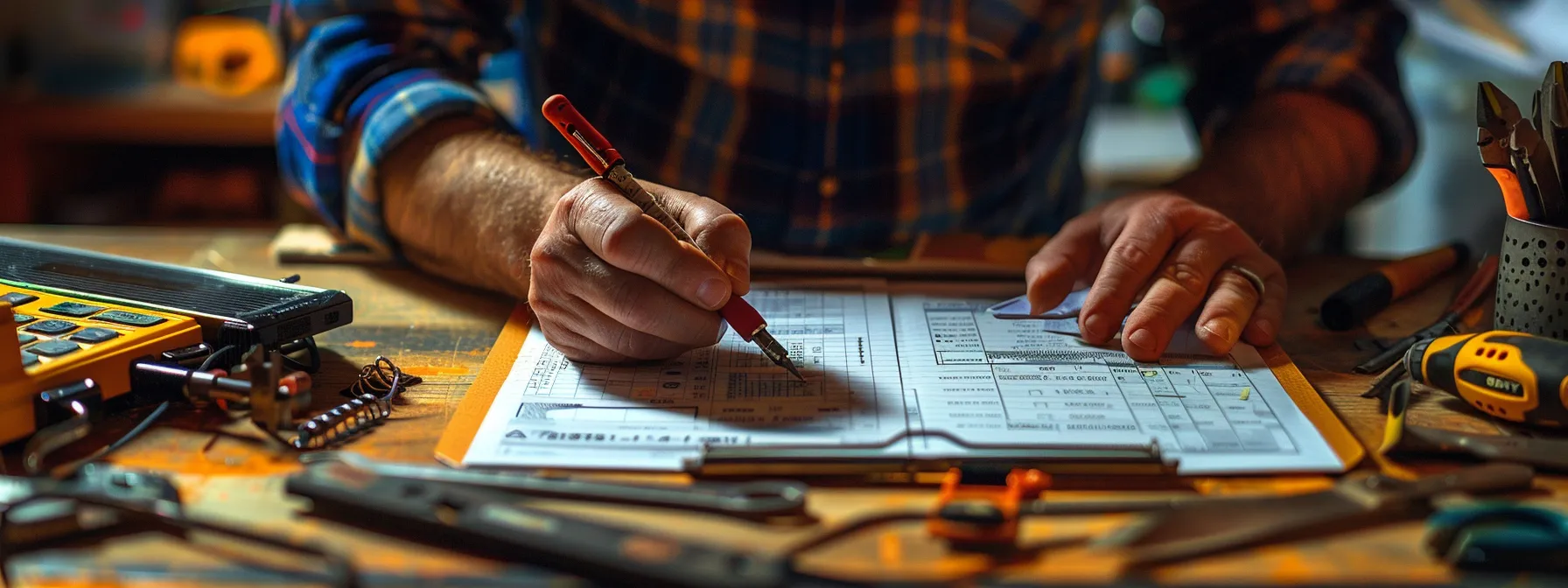 a person carefully examining a credit report while surrounded by tools and paperwork, symbolizing the strategic approach to building and repairing credit for future success.