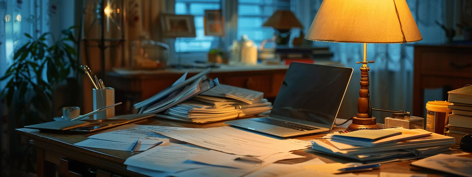 a person carefully reviewing important documents at a well-lit desk, surrounded by paperwork and a laptop, illustrating the crucial first steps in handling an inherited reverse mortgaged home.