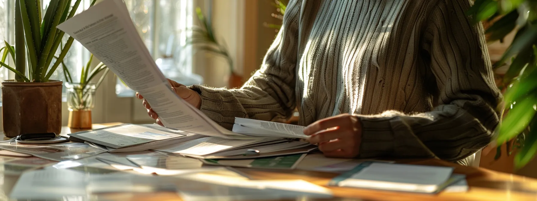 a person confidently reviewing documents for housing assistance programs, surrounded by legal protection and community resource pamphlets.