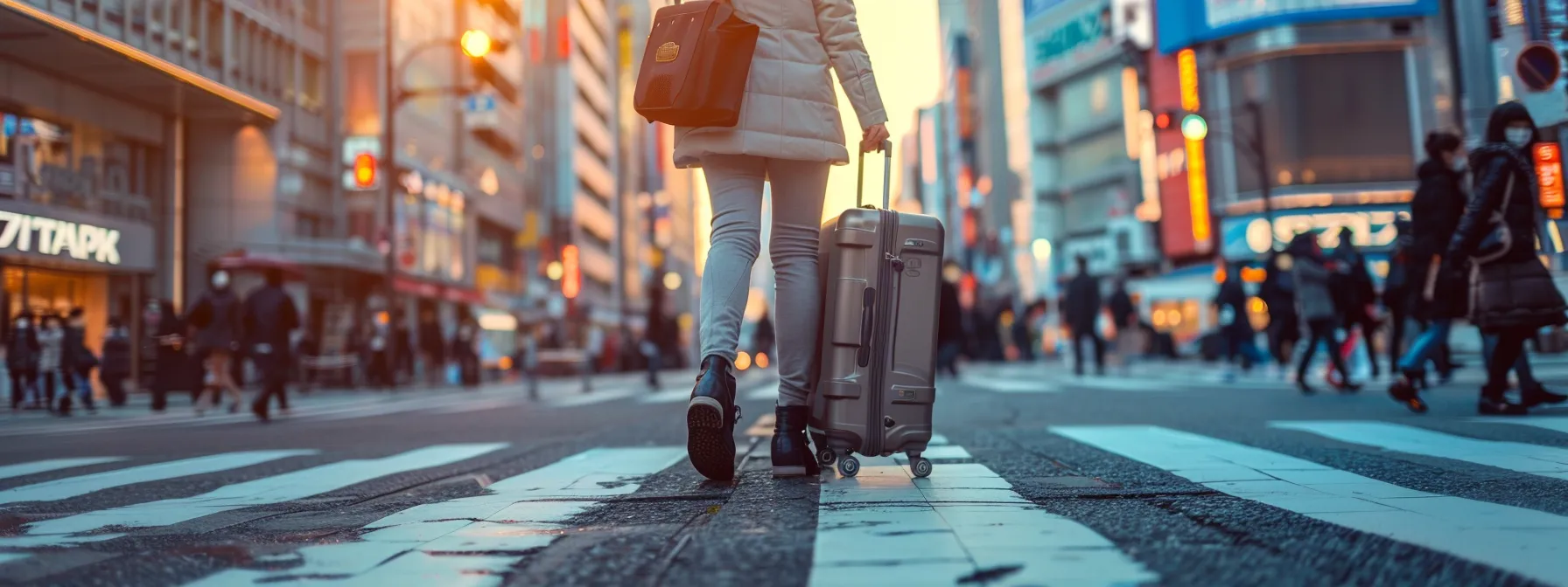 a person effortlessly carrying a suitcase through a vibrant city street, symbolizing the ease of relocation and mobility that renting offers.