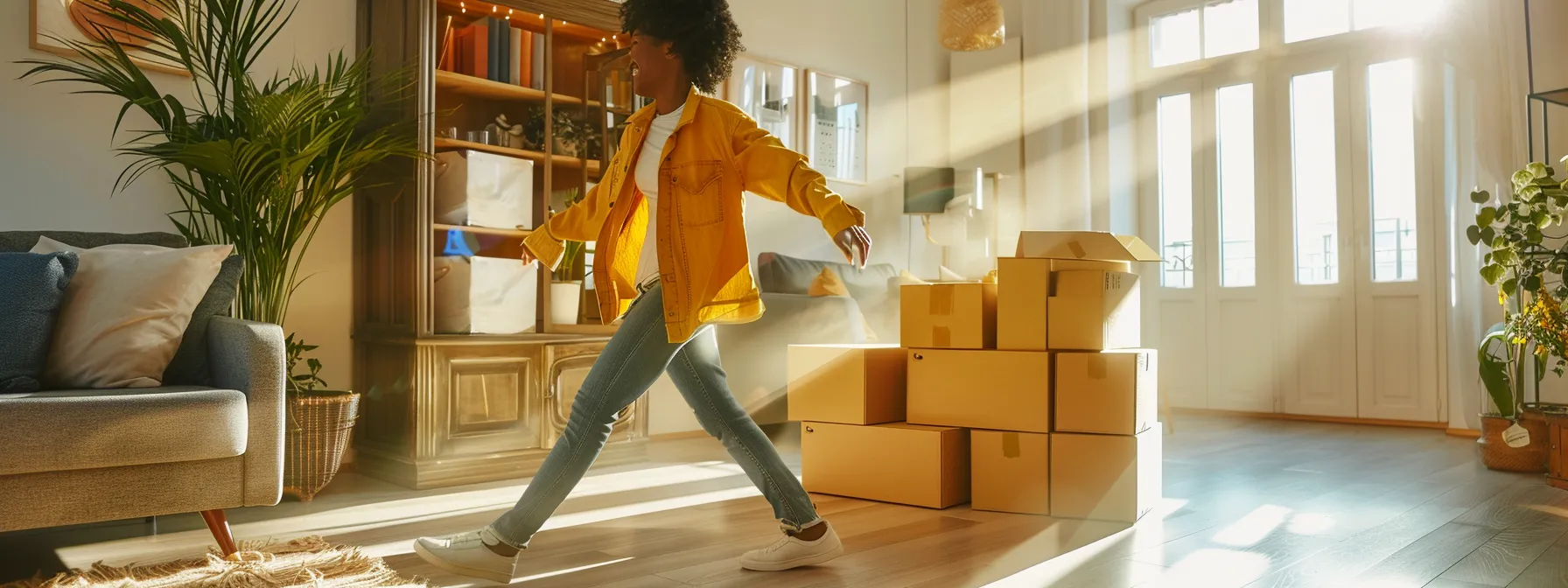 a person joyfully moving furniture in a spacious, modern rental apartment, showcasing the flexibility and freedom of renting.