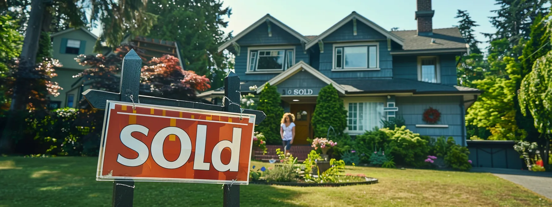 a person standing in front of a charming suburban house with a "sold" sign, smiling confidently.