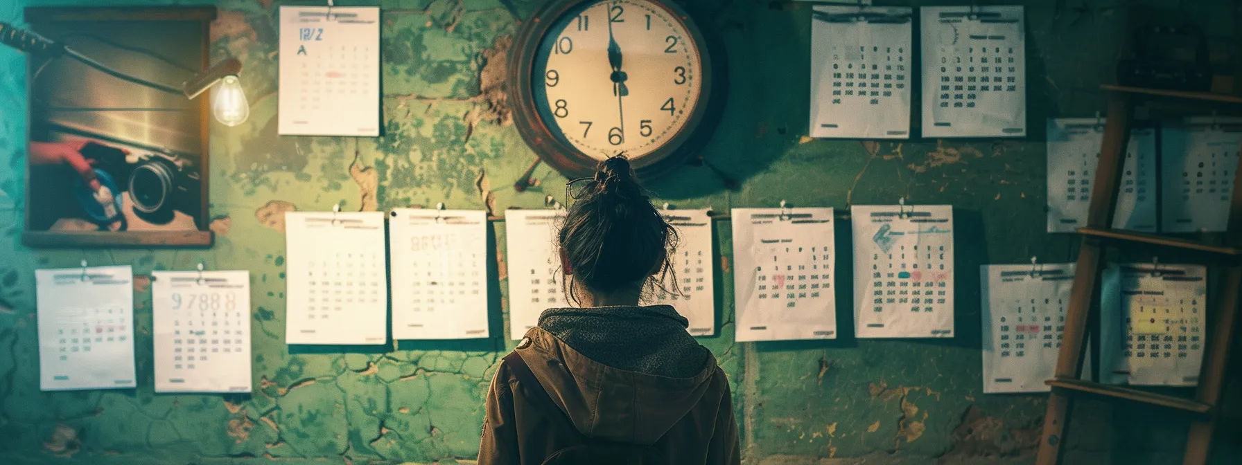 a person staring at a ticking clock on a wall, surrounded by calendars and reminders, feeling the pressure of looming deadlines for decision-making in inheriting a property.