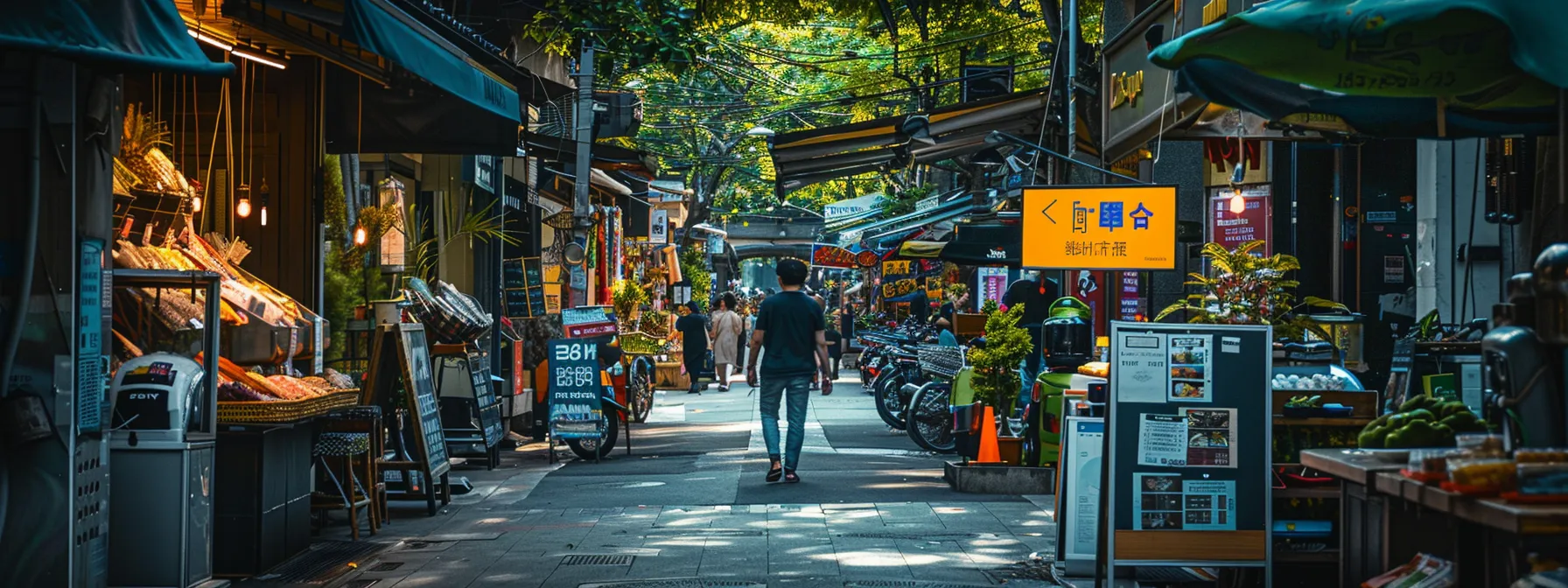 a person walking along a vibrant street lined with shops, cafes, and a bustling market, with a bus stop and community notice board in the background.