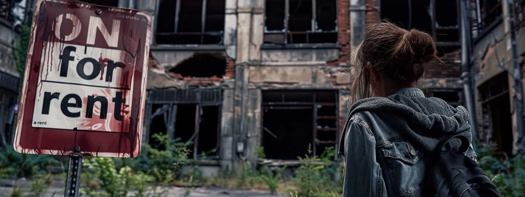 a person with a discouraged expression looking at a "for rent" sign in front of a run-down apartment building.