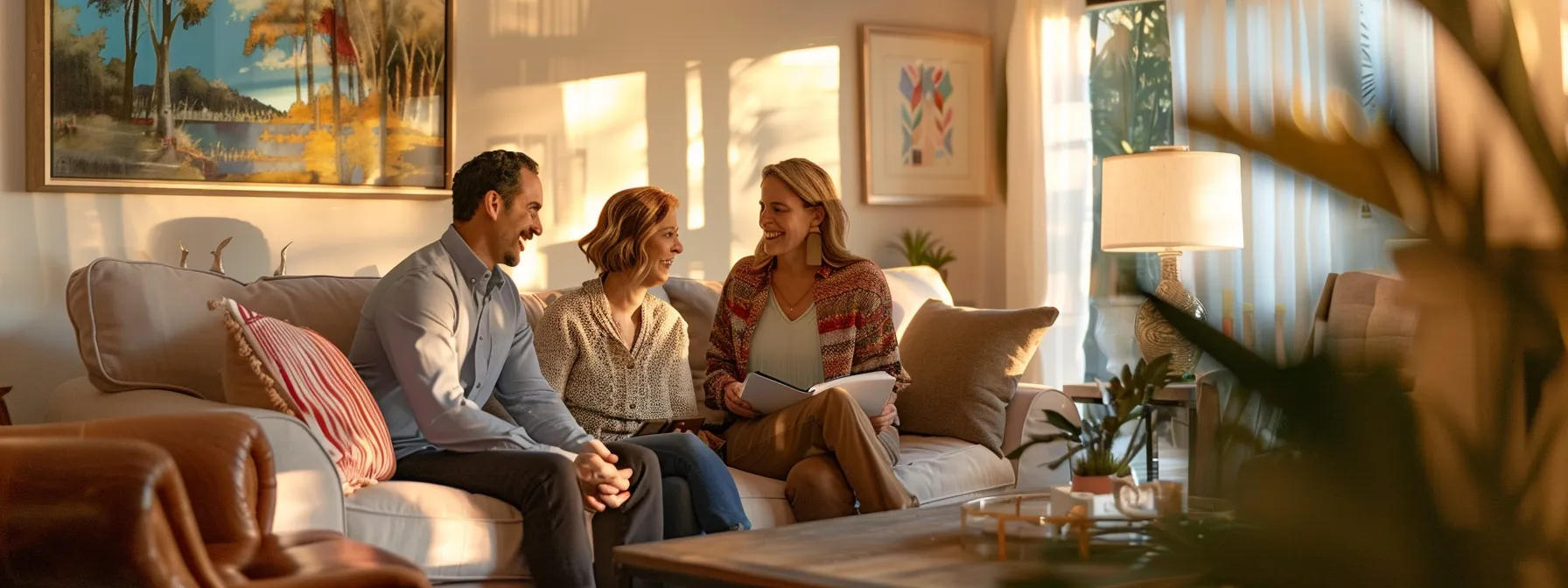 a real estate agent discussing transaction guidelines with a couple in a beautifully decorated living room.