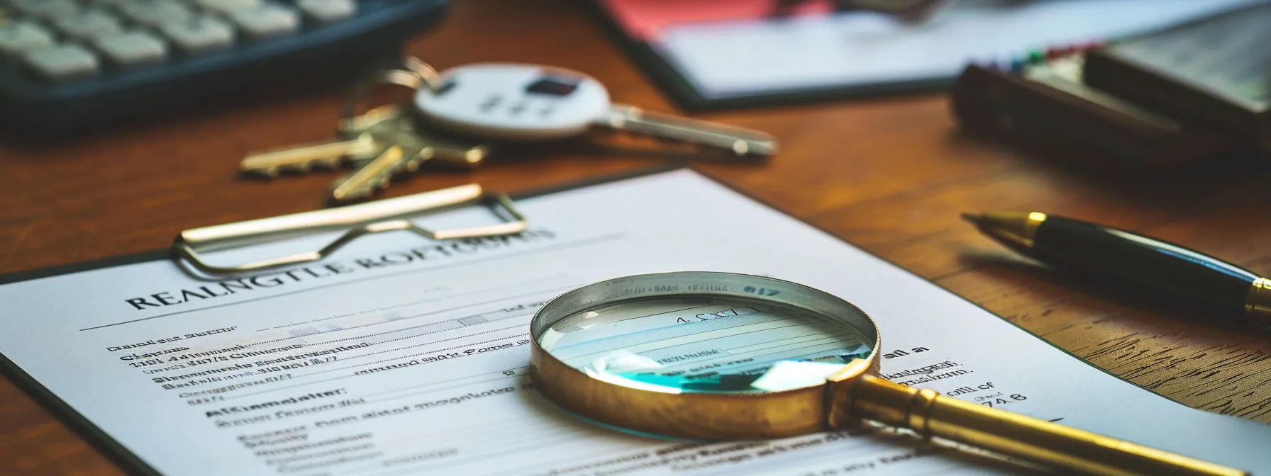 a real estate contract laying on a table, surrounded by a magnifying glass, a home key, a calculator, and a pen, symbolizing the common contingencies involved in property transactions.