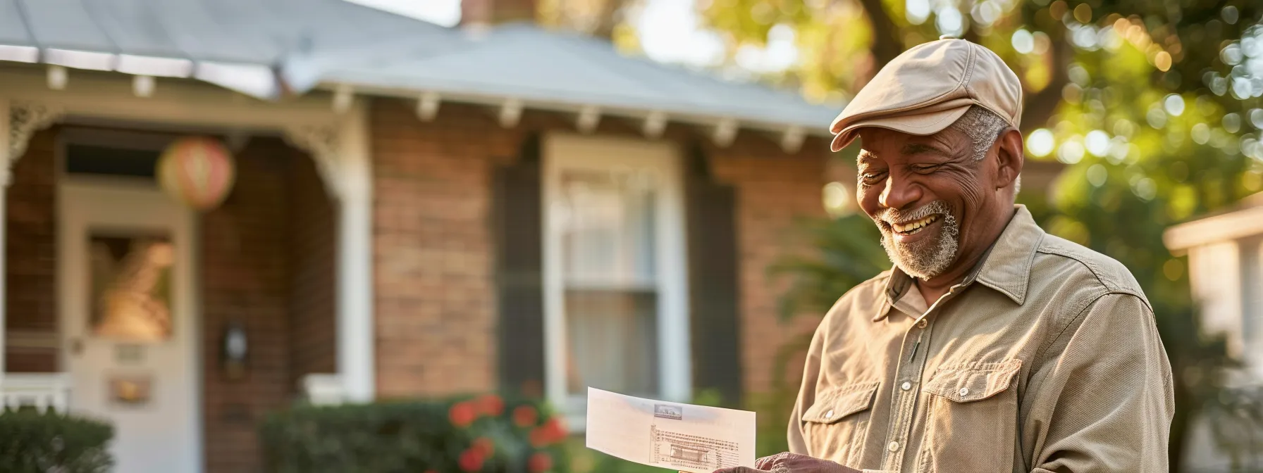 a senior happily receiving a check while standing in front of their family home, symbolizing the conversion of home equity into income through a reverse mortgage.