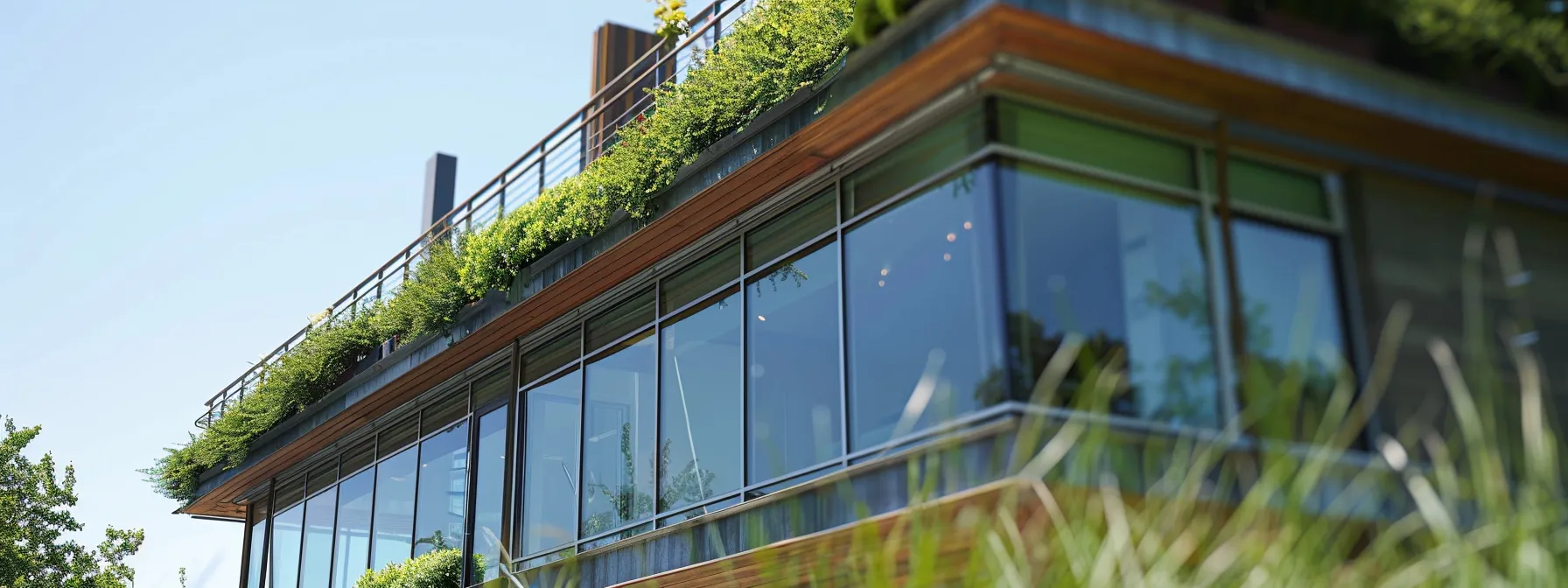 a sleek, eco-friendly house constructed with sustainable materials like recycled glass and steel, featuring a green roof and energy-efficient insulation.