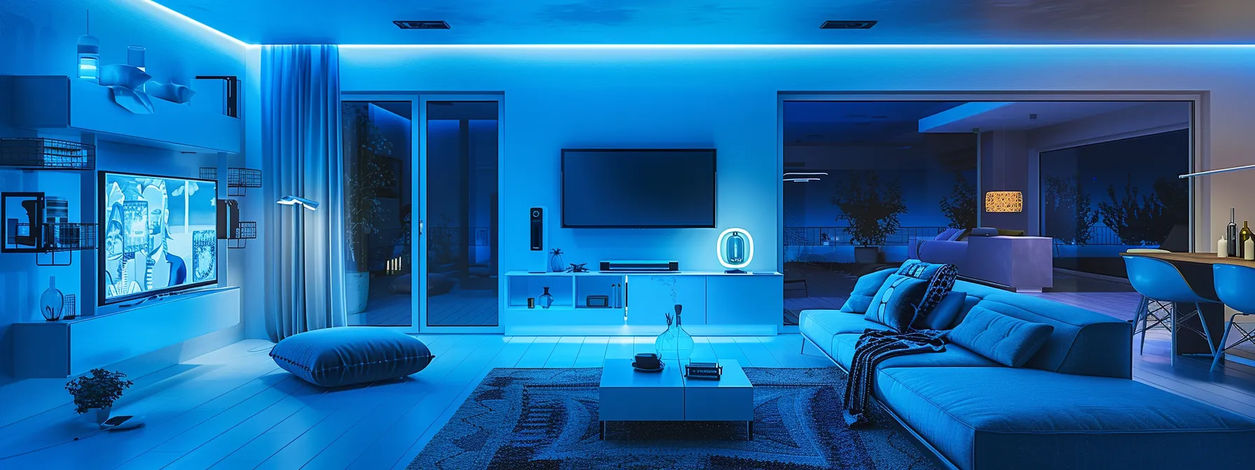 a sleek, modern living room filled with smart technology gadgets and devices, creating an interconnected and efficient home environment.