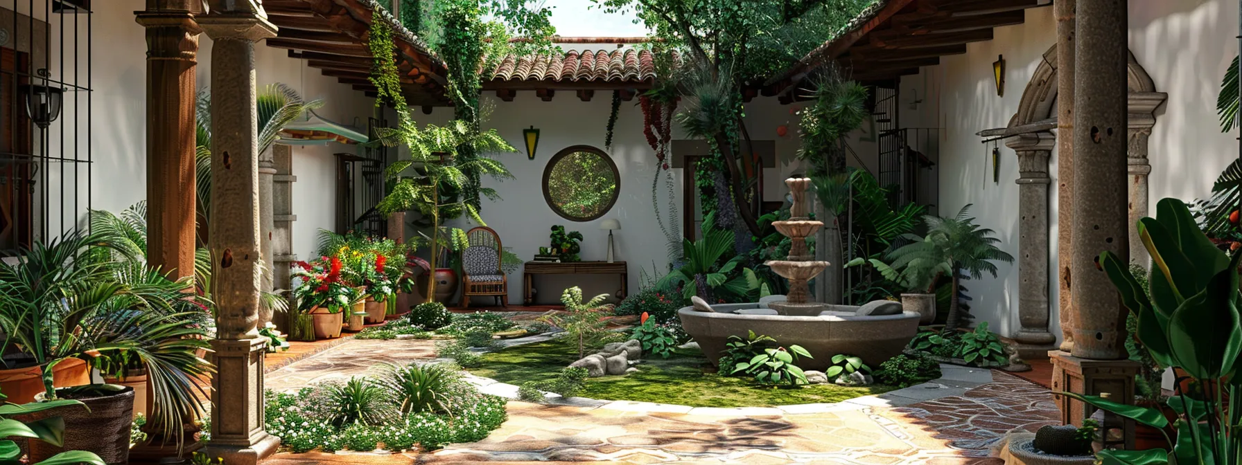 a spanish style house with a lush garden, tranquil courtyard, and decorative tiles, creating an inviting outdoor space.