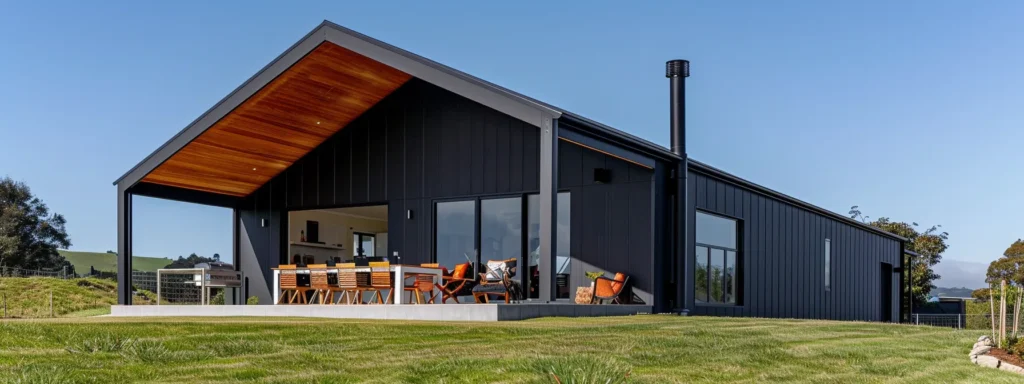 a striking, modern black house with sleek metal siding standing out against a bright blue sky.