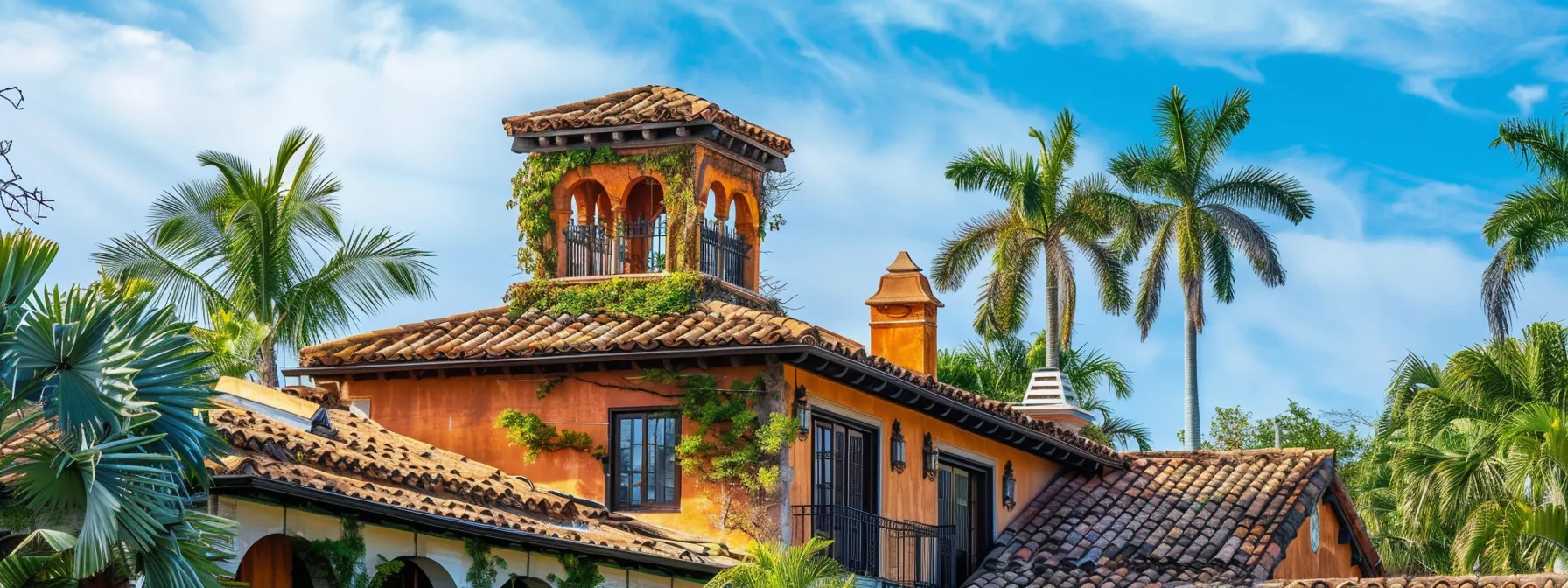 a sun-drenched spanish colonial house with terracotta roof tiles, wrought iron details, and vibrant mediterranean-inspired colors standing against a backdrop of palm trees and blue skies.