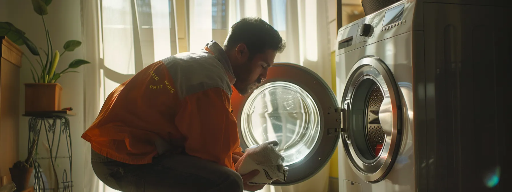 a tenant inspecting a shiny, well-maintained washing machine in an apartment while a maintenance worker responds promptly.