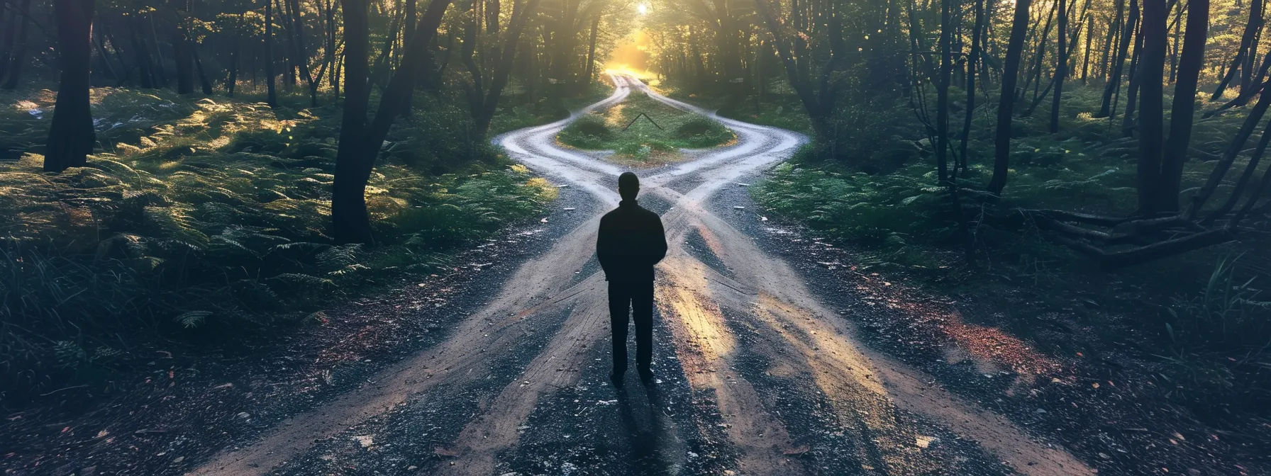 a trustee gazes at a fork in the road signifying options like paying off a reverse mortgage, selling the inherited property, refinancing, or allowing foreclosure.