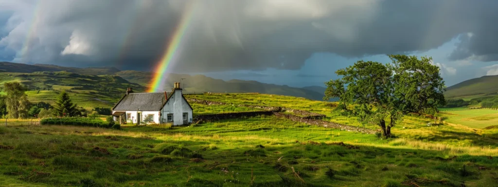 a vibrant rainbow shining over a quaint, charming house nestled in a lush green countryside, embodying the true essence of the contingent house meaning.