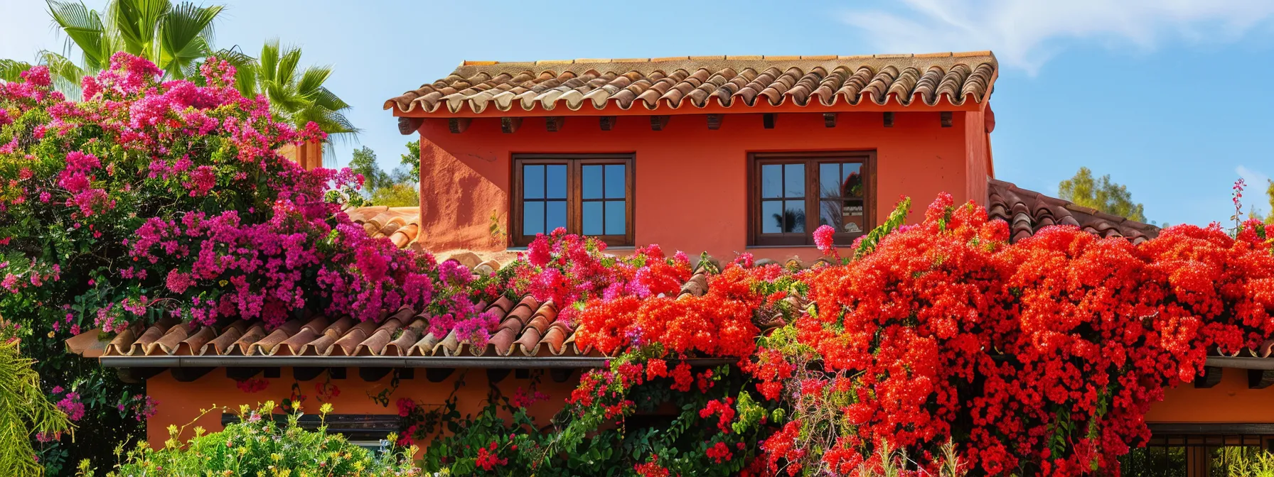 a vibrant red spanish style house with clay roof tiles surrounded by colorful bougainvillea flowers.