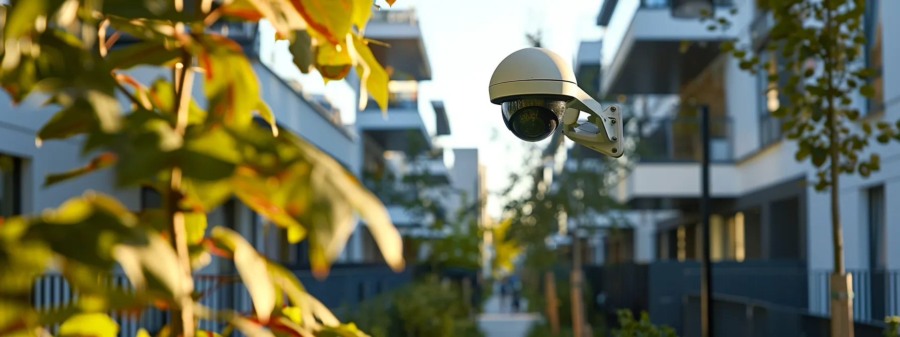 a vigilant security camera overlooks the entrance of a modern apartment building, ensuring safety and peace of mind for residents.