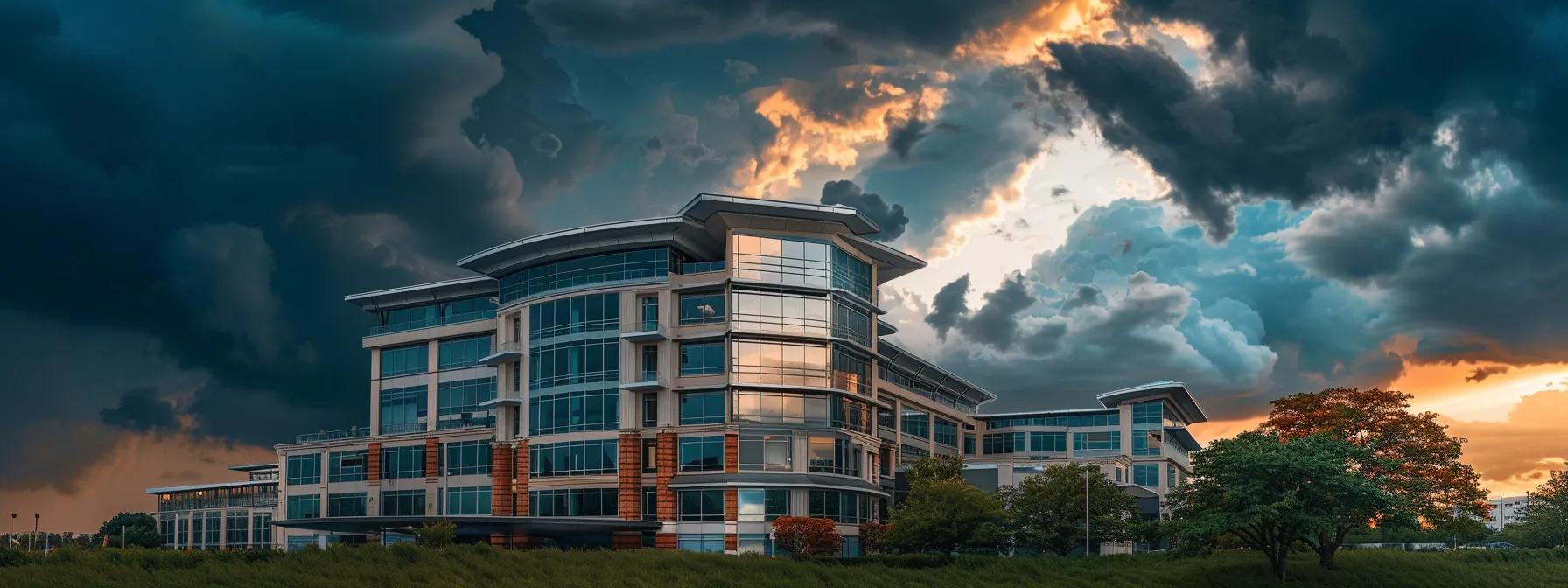 an elegant office building standing tall with a storm approaching in the background, highlighting the importance of commercial landlord insurance for property owners.