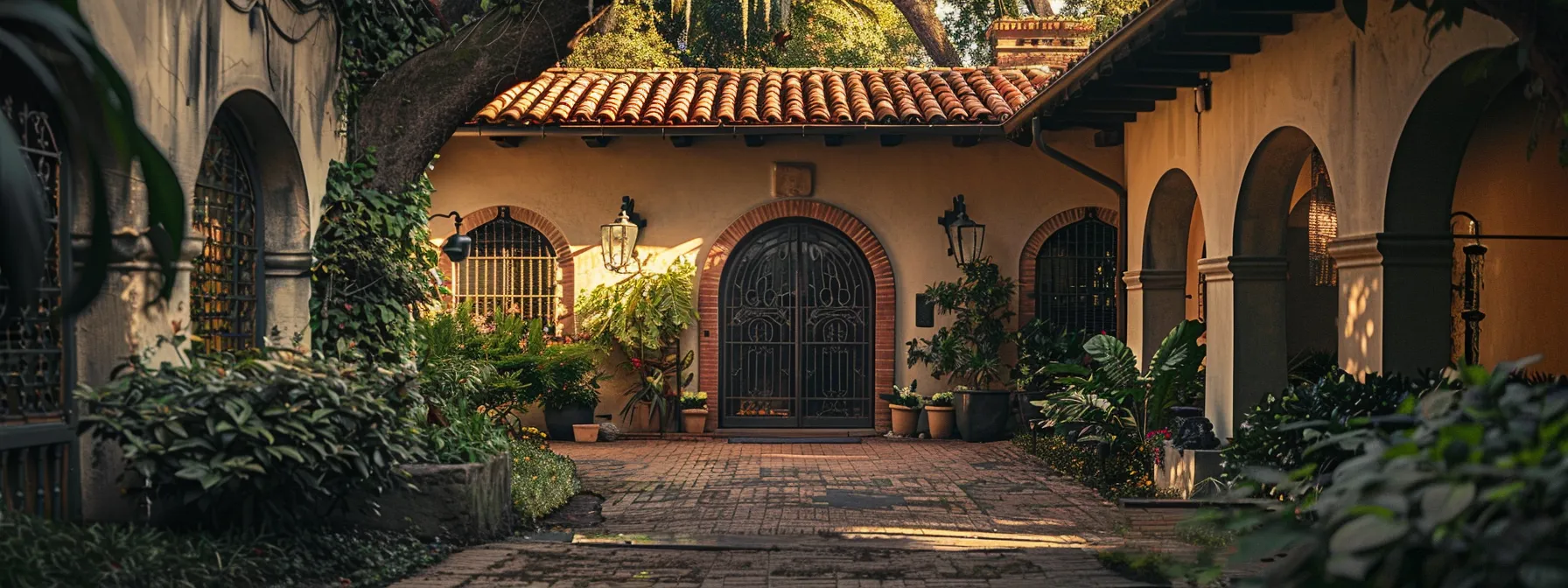 an elegant spanish-style house with a red tile roof, stucco walls, and arched doorways surrounded by a lush courtyard and wrought iron accents.