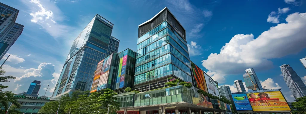 an imposing commercial building with a towering skyline in the background, covered in vibrant advertising billboards, representing the need for comprehensive commercial landlord insurance.