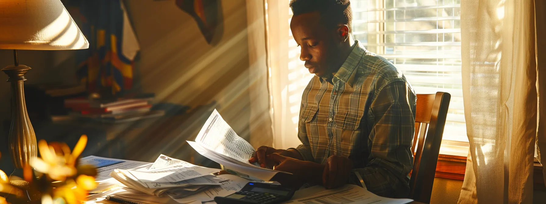 an individual reviewing a stack of bank statements and credit reports with determination, surrounded by papers and a calculator, preparing their financial profile before apartment hunting.