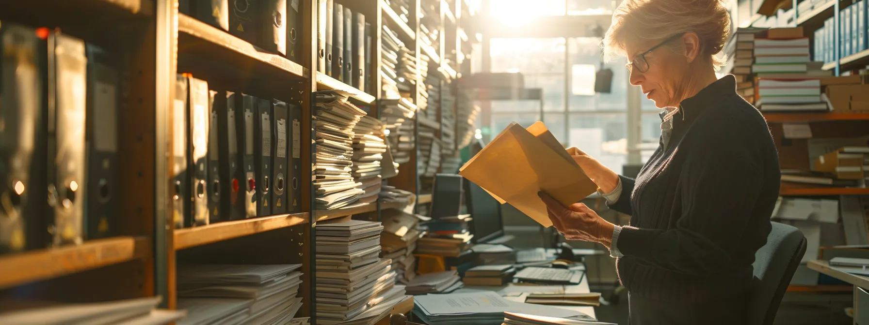 a church administrator carefully organizing tax exemption forms and documents in a sunny office with shelves filled with legal binders and paperwork.