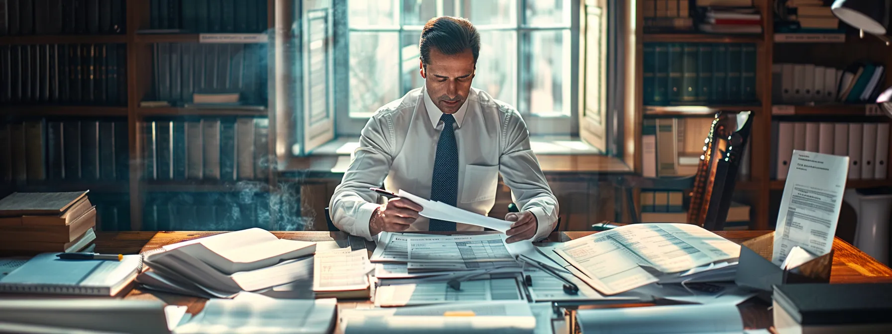 a confident real estate attorney reviewing closing documents with a determined seller, surrounded by stacks of paperwork and legal contracts.