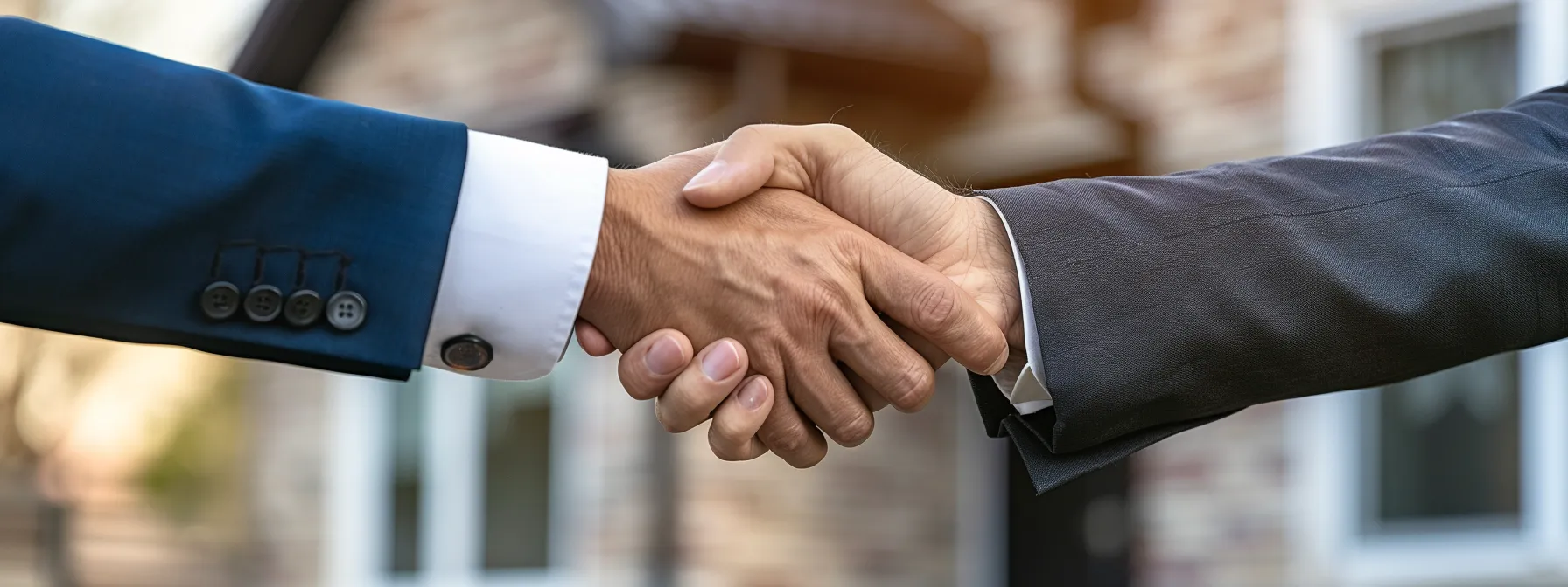 a couple shaking hands with a real estate agent in front of a newly purchased home, signifying successful navigation of the home buying process with no money down.